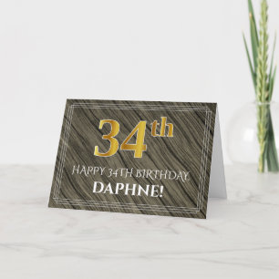 Cartão Elegante 34.º Aniversário: Faux Wood, Faux Doura