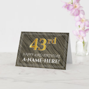 Cartão Elegante 43º Aniversário: Faux Wood, Faux Dourad