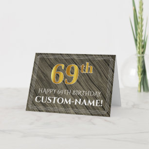Cartão Elegante 69º Aniversário: Faux Wood, Faux Dourad