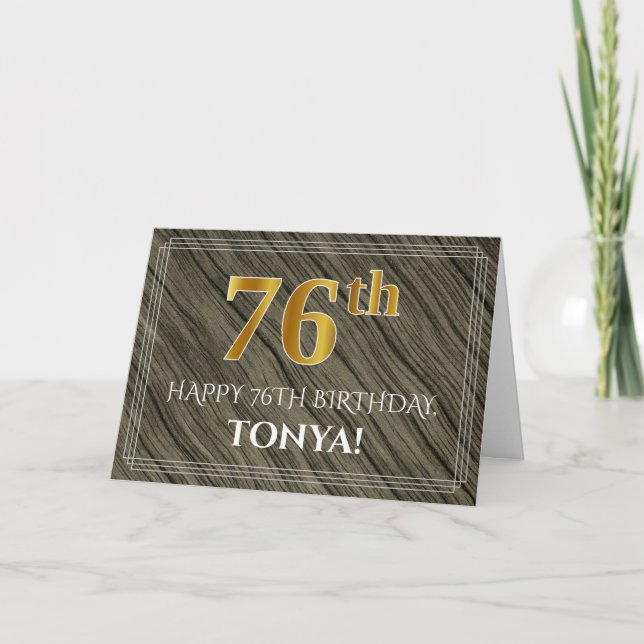 Cartão Elegante 76.º Aniversário: Madeira Faux, aparência (Frente)