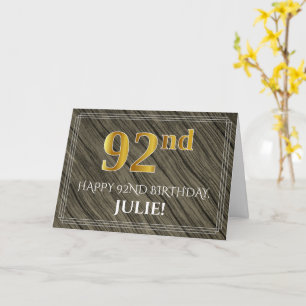 Cartão Elegante 92º Aniversário: Faux Wood, Faux Dourad