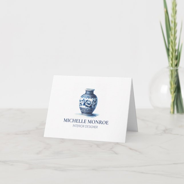 Cartão Elegante Aquarela Blue Ginger Jar Design Interior (Frente)