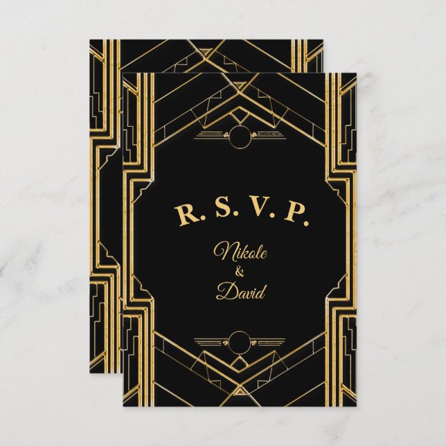 Cartão Elegante Art Deco Gatsby R.S.V.P. (Frente/Verso)
