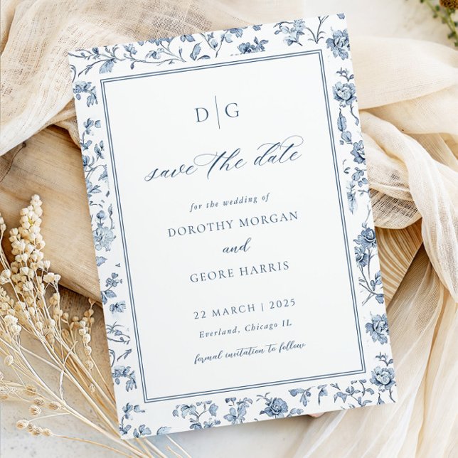 Cartão Elegante Azul de Save The Date com Chinoise (Criador carregado)