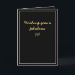 Cartão Elegante Black & Dourado Script Brother 50th Birth<br><div class="desc">Elegante Black & Dourado Script Brother 50th Birthday, um belo design destinado a qualquer pessoa que procura belos cartões de aniversário para irmão, cartões de aniversário para irmão mais velho ou cartões de aniversário para irmão mais novo, este seria legal. O design apresenta um bom fundo preto com algum texto...</div>