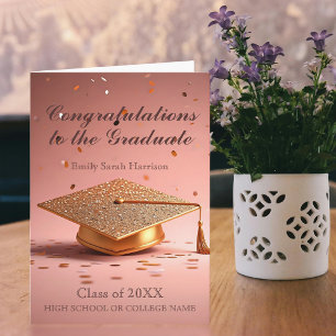 Cartão Elegante Boné de formatura Dourado com Confetti a