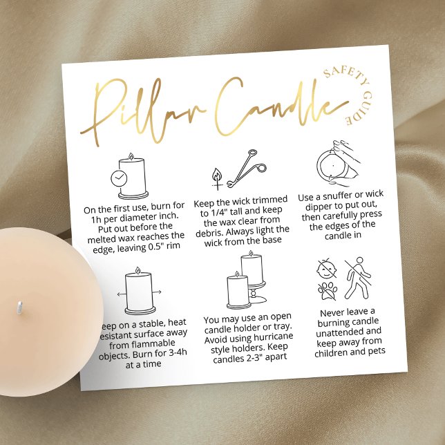 Cartão Elegante branco e Dourado de suporte à vela (Elegant white and gold pillar candle care cards with icons and space for your logo)