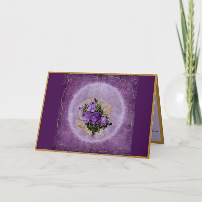 Cartão Elegante Buquê Roxo Borda Dourada (Frente)