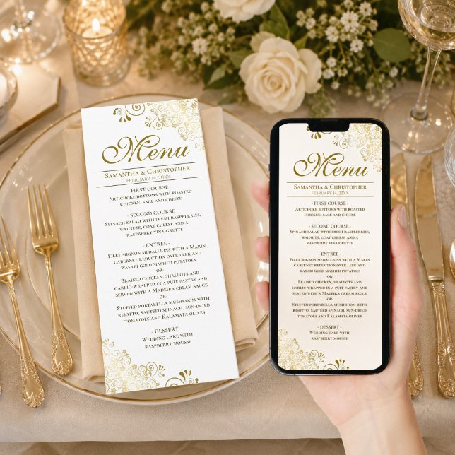 Cartão Elegante Cardápio de Casamento Baixável em Dourado (Available as Printed Cards or as a Digital Download)