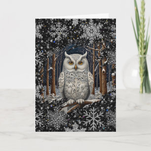 Cartão Elegante coruja branca de Natal, floresta de inver