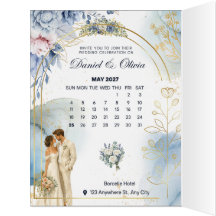 Cartão Elegante de Floral Azul para Salvar a Data