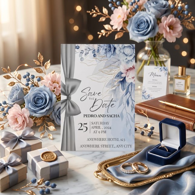 Cartão Elegante de Salvar a Data com Floral Azul e (Criador carregado)