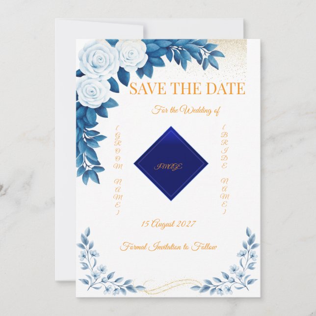 Cartão Elegante de Save the Date Floral Azul (Frente)