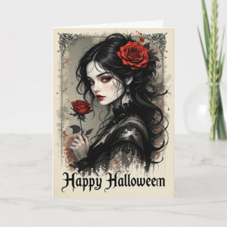 Cartão Elegante do Halloween, Rosa vermelha Gótica, Vampi