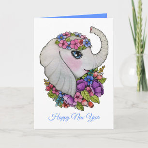 Cartão Elegante Elefante E Flores Selvagens Em Aquarela