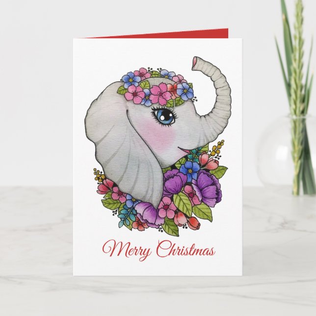 Cartão Elegante Elefante e Flores Silvestres em Aquarela (Frente)