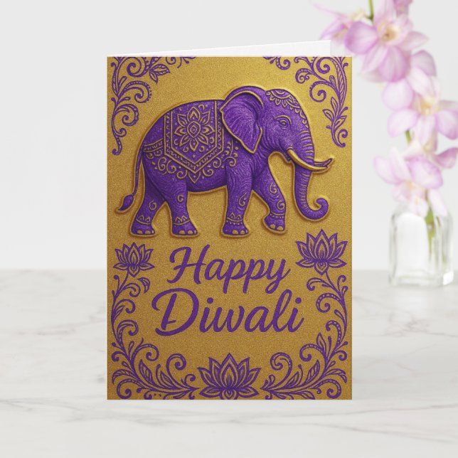 Cartão Elegante Elefante e Lotus Happy Diwali Saudação (Orquídea)