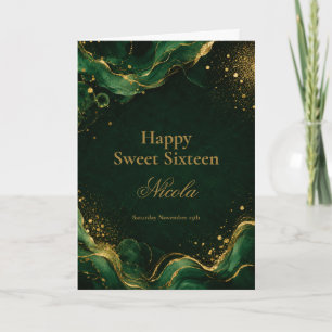 Cartão Elegante Esmeralda e Álcool Dourado Sweet Sixteen