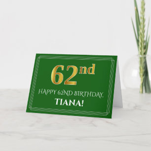 Cartão Elegante Faux Dourado, 62º Aniversário, Nome (Ve