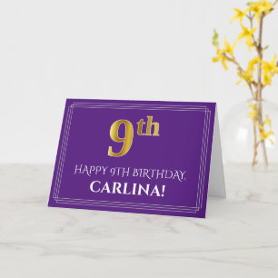 Cartão Elegante Faux Dourado visual 9º Aniversário, Nom