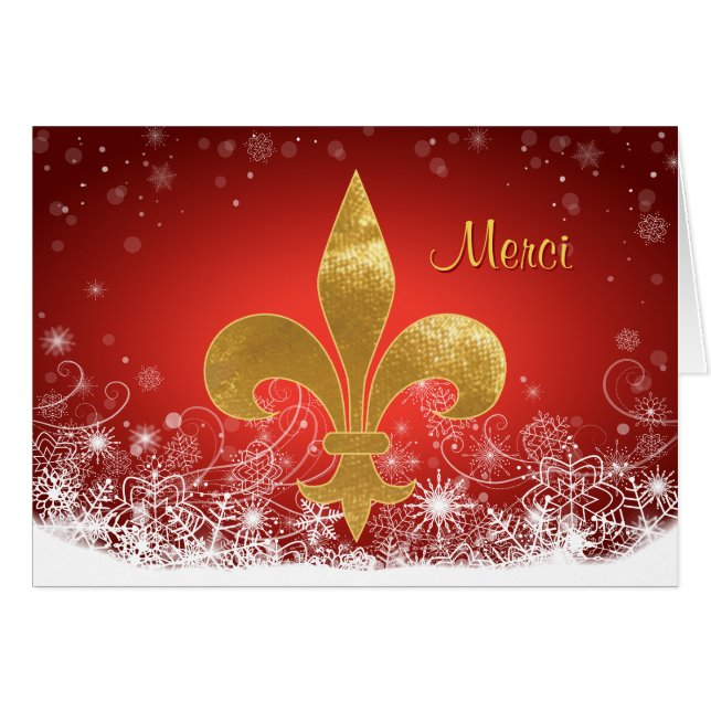 Cartão Elegante Fleur Vermelho Feriado Dourado "Merci" Ob (Frente horizontal)
