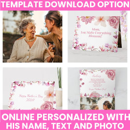 Cartão Elegante Floral de Aquarela Roxo e Rosa Lembrança