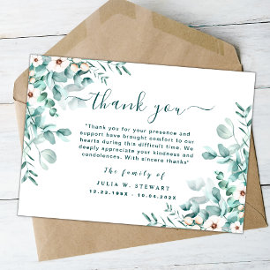 Cartão Elegante Floral Eucalyptus Funeral Obrigado Nota