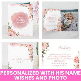 Cartão Elegante Floral Rosa Água-Marinha Dia das Mães