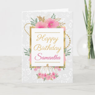 Cartão Elegante Floral Rosa & Dourado de Aniversário