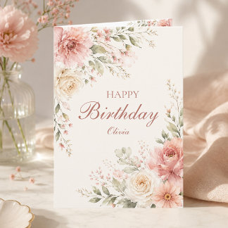 Cartão Elegante Floral Rosa Feliz Aniversário Nome Dobrad