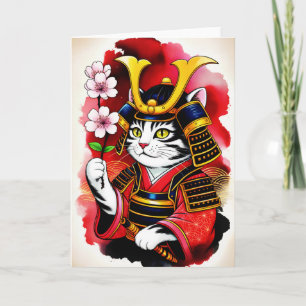 Cartão Elegante Gato Samurai Cerejeira para aniversário, 