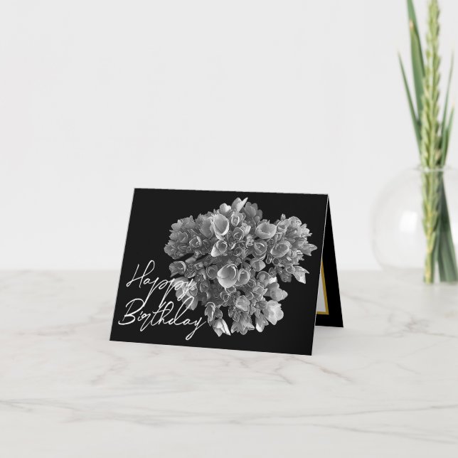 Cartão Elegante Hortênsia Botânica Preto e Branco de Aniv (Frente)