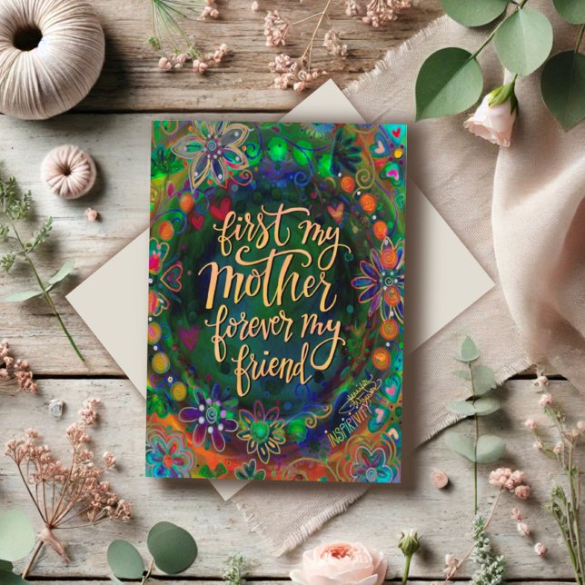 Cartão Elegante Madre Floral Amiga Citação Verde (Criador carregado)