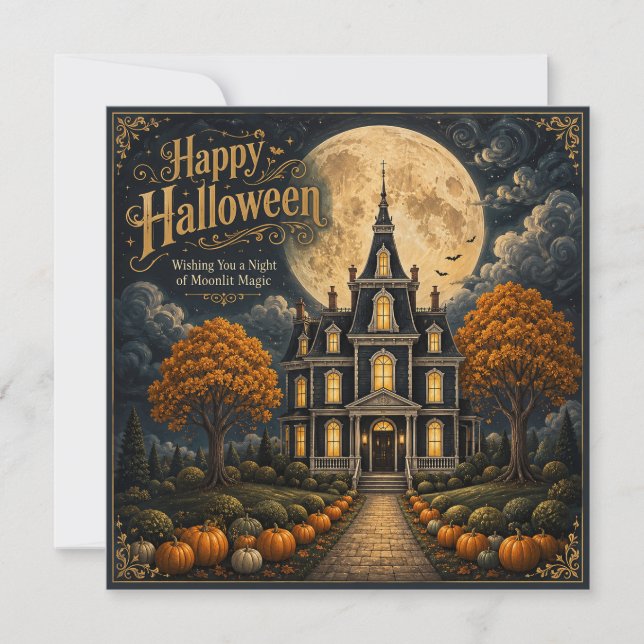 Cartão Elegante Mansão Assombrada de Halloween (Frente)