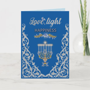 Cartão Elegante Menorá Azul de Hanukkah Ornamental
