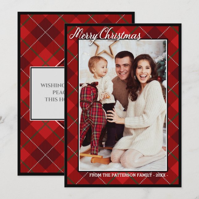 Cartão Elegante Modern Tartan | Feliz Natal Foto (Frente/Verso)