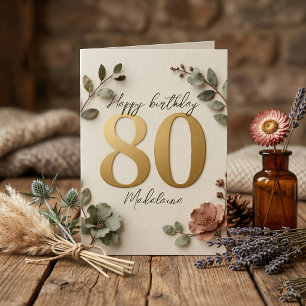 Cartão Elegante Número Dourado Floral Botânico 80º Aniver