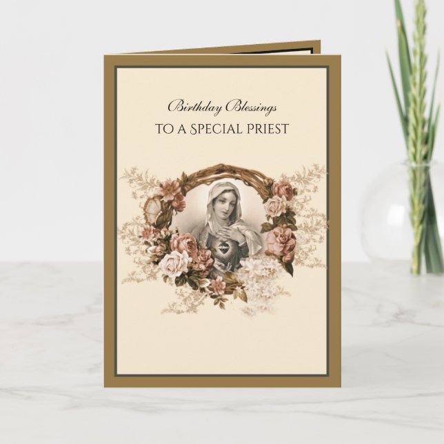 Cartão Elegante Padre Católico Ouro Virgem Maria   (Frente)