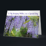 Cartão Elegante Para Minha Incrível Mãe Infinito Amor Flo<br><div class="desc">Um cartão de saudação grande e elegante com o texto "Para Minha Mãe Incrível, em um Dia Especial" na frente e uma foto linda e impressionante de flores de wisteria roxo claro. Para o Dia das Mães ou seu aniversário, ou para qualquer outra ocasião. Para uma mãe com paciência quase...</div>