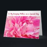 Cartão Elegante Para Minha Mãe Infinita Peonia De Amor<br><div class="desc">Um cartão de saudação elegante e grande com o texto "Para a minha mãe incrível, em um dia especial" na frente e uma bela foto de perto de uma flor de peônia rosa-vermelha. Para Dia de as mães ou aniversário ou qualquer outra ocasião. Para uma mãe com paciência, bondade e...</div>