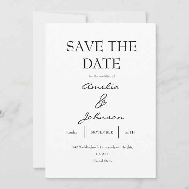 Cartão elegante preto e branco de Save The Date (Frente)