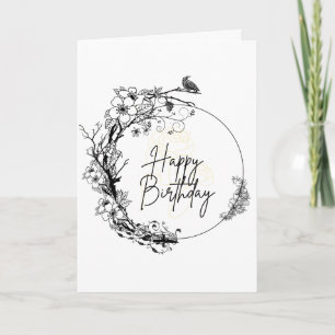 Cartão Elegante Preto e Branco Floral Minimalista