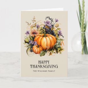 Cartão Elegante Pumpkins Foto Floral Feliz Ação de Graças