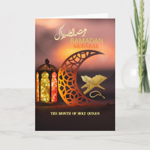 Cartão Elegante Ramadan Mubarak Alcorão Sagrado com Cresc