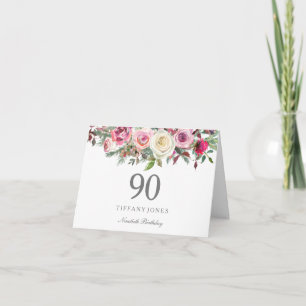 Cartão Elegante Rosa Branca Floral 90º Aniversário Obriga