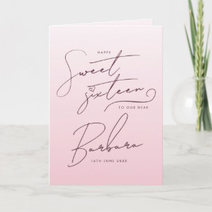 Cartão Elegante Rosa com Degradê de Script Aniversário de