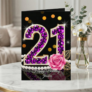 Cartão Elegante Rosa de Pérola com Diamante Roxo para 21º