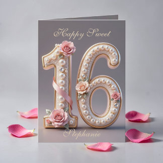 Cartão Elegante Rosa Dourada Pérola Doce Aniversário de 1