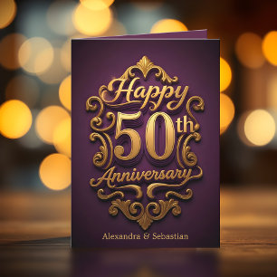 Cartão Elegante Roxo e Dourado 50º Aniversário de Casamen