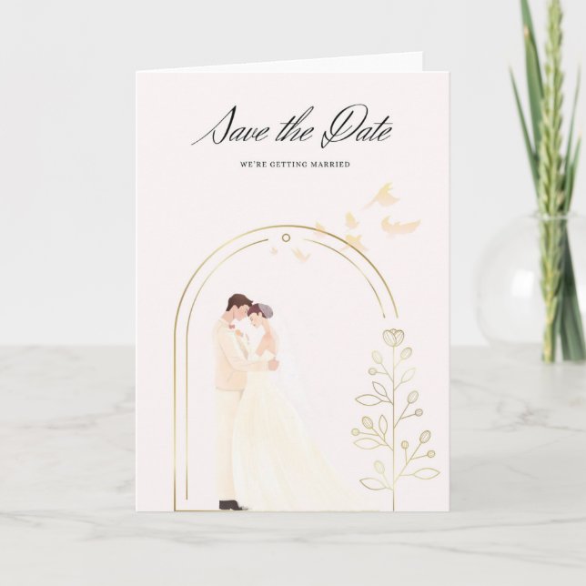Cartão Elegante Save the Date Karte im Goldbogen mit Brau (Frente)